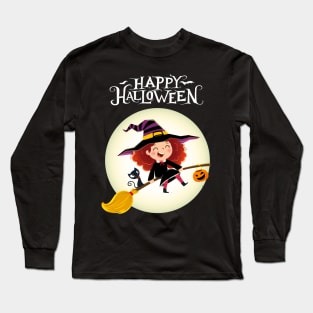 Happy Halloween with cute little girl witch and cat Long Sleeve T-Shirt